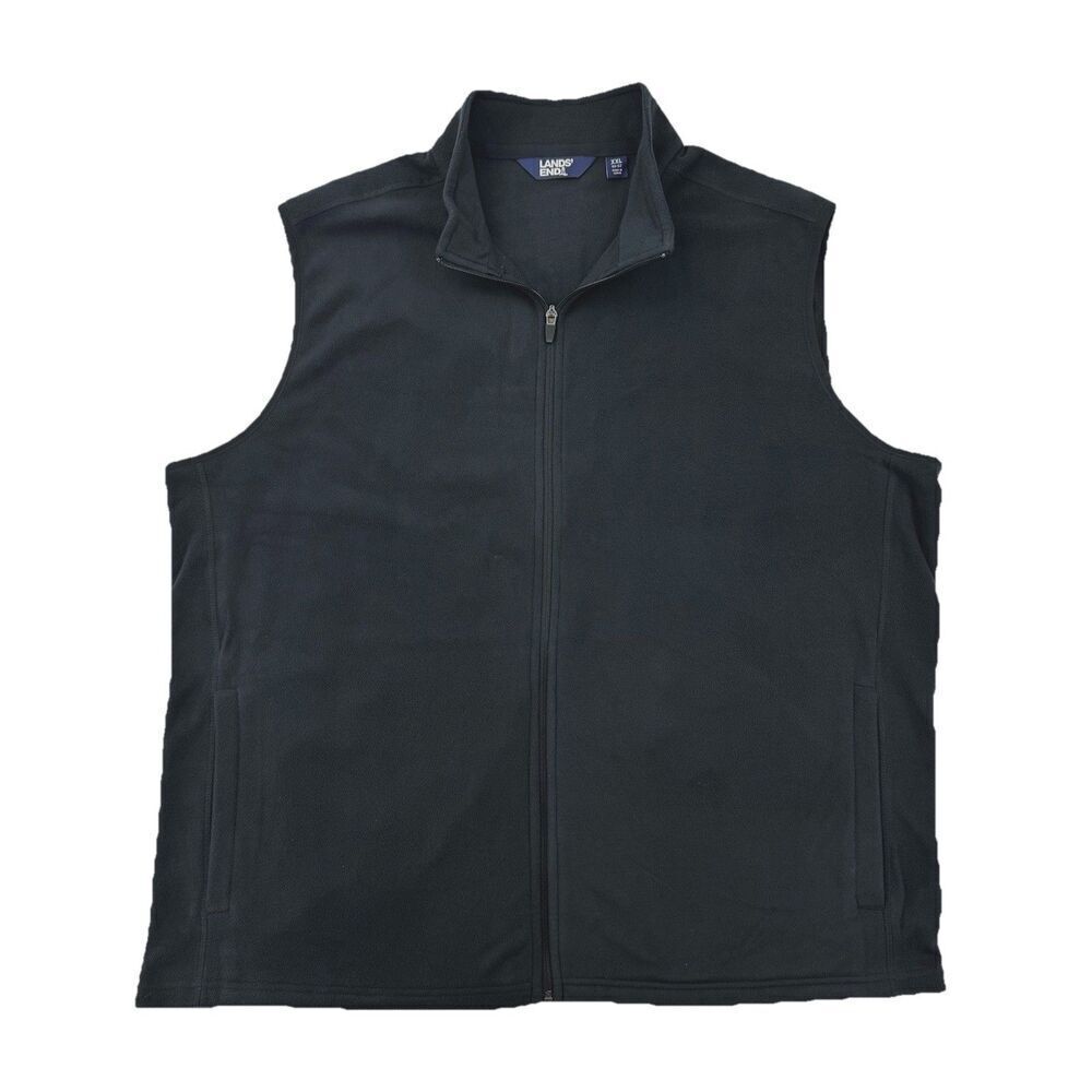 Lands End Black Fleece Vest Mens XXL Full Zip Sleeveless Jacket Pockets